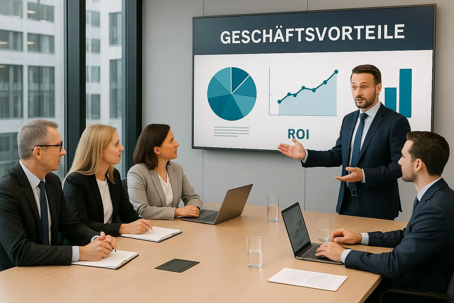 Geschäftsführer präsentiert Geschäftsvorteile und ROI